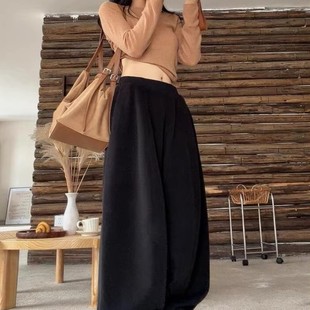 宽松显瘦加绒慵懒风百搭阔腿裤 女秋冬2025新款 黑色休闲弯刀裤 美式