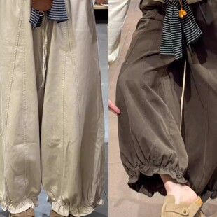 韩系咖色花苞裤女秋冬新款大码胖mm宽松显瘦小个子九分灯笼阔腿裤