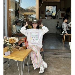 美式 夏季 草地画像印花长袖 T恤女2025薄款 ins上衣 新款 宽松简约罩衫