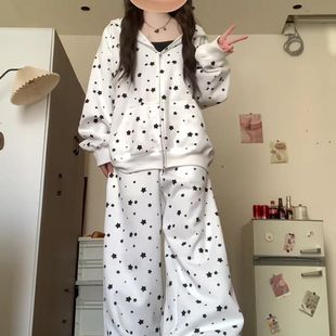 两件套潮 宽松波点连帽卫衣阔腿裤 韩系休闲运动套装 女学生2025秋季