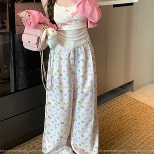甜辣妹三件套裝 粉色開(kāi)衫 外套內(nèi)搭吊帶背心夏季 卡通印花闊腿長(zhǎng)褲 女
