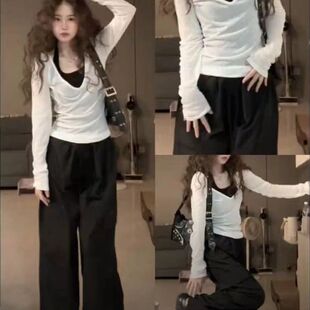 上衣女背心高腰宽松阔腿裤 潮酷纯欲风白色罩衫 三件套ins 新款 夏季