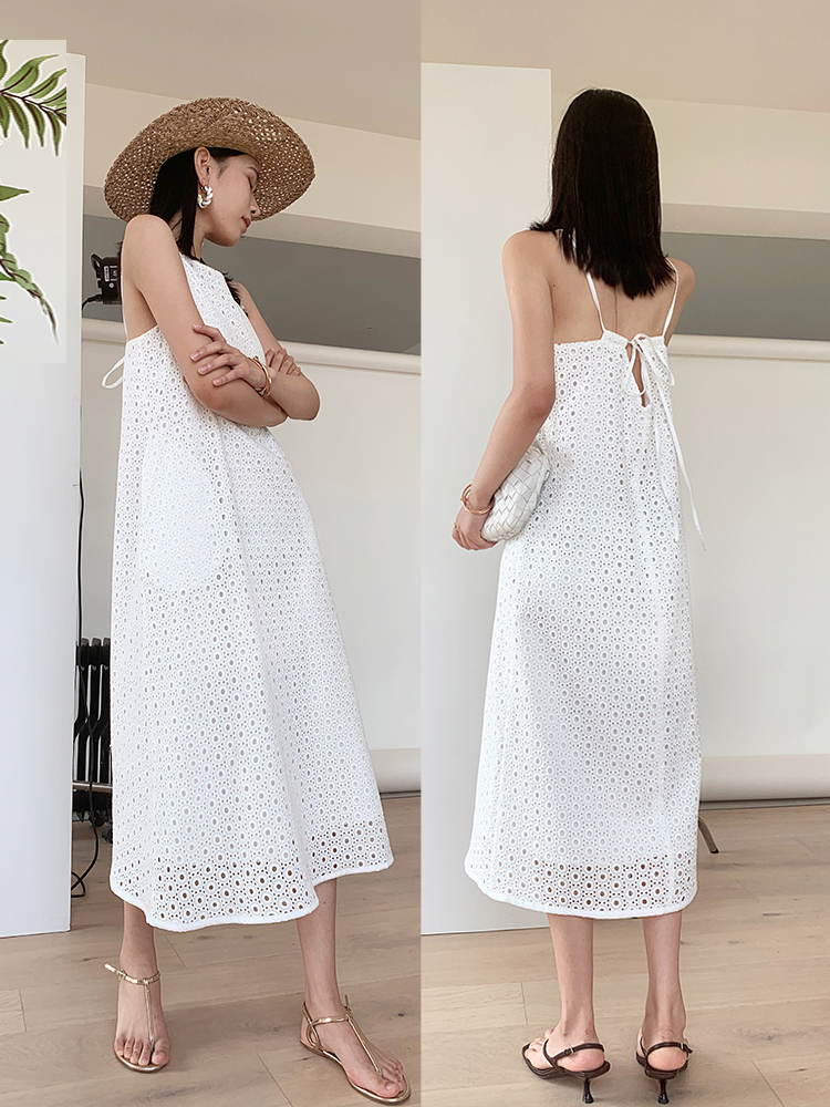 remerci法式刺绣挂脖连衣裙