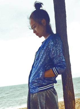 2020秋冬明星同款男女重工蓝色亮片棒球服夹克外套上衣潮