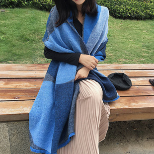 围巾女蓝色仿羊绒毛边加厚保暖披风新疆大西北旅游披肩两用围脖