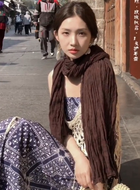 复古文艺咖色肌理纹柔软棉麻围巾女春秋百搭纯色围脖长条亚麻森系