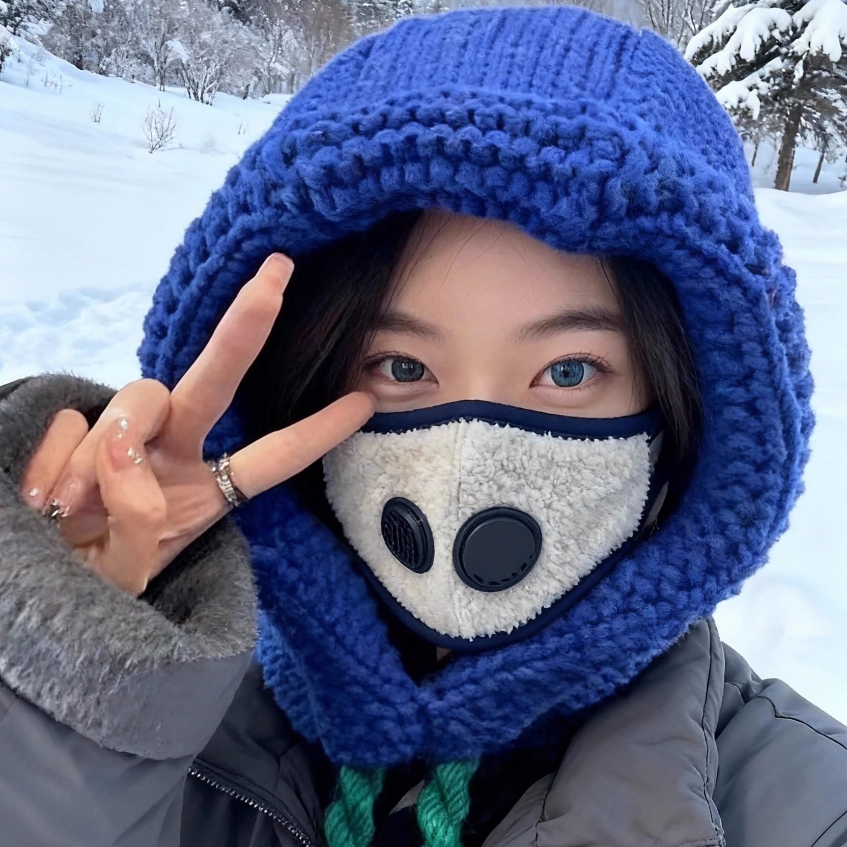 手工粗麻花系带针织毛线帽子女巴拉克拉法帽冬季保暖护耳套头帽