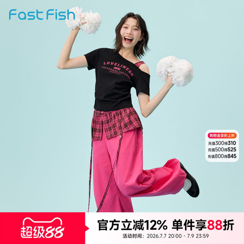 快鱼2026年夏季女假两件拼接美式复古字母印花甜酷风百搭时尚套装