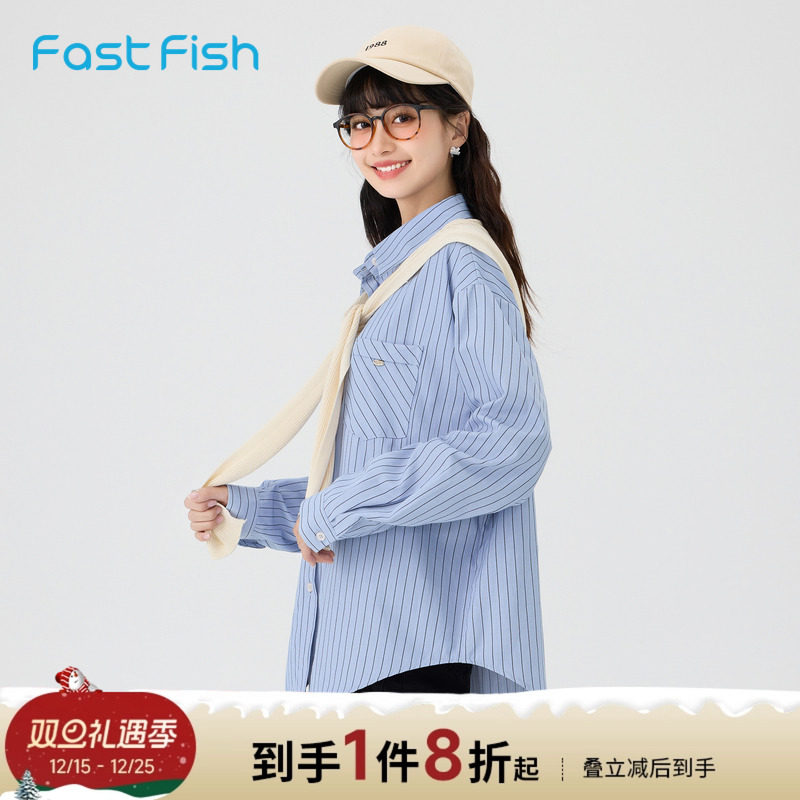 长袖假两件条纹衬衫快鱼夏季休闲