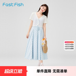 快鱼法式连衣裙波点裙子女款2026新款文艺淑女气质显瘦两件套开衫