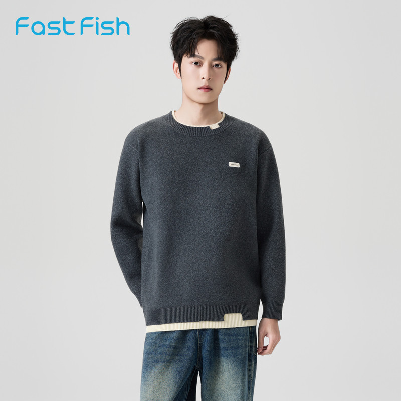 快鱼格雷系毛衣男25年冬季新款假两件针织衫拼色时尚内搭男装上衣,男装,针织衫/毛衣,淘宝优惠券,粉丝福利购,淘宝优惠卷