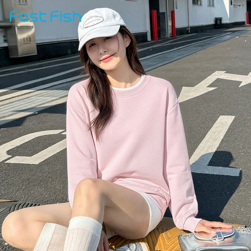 快鱼卫衣女2026春季新品假两件不规则下摆减龄长袖休闲圆领套头衫