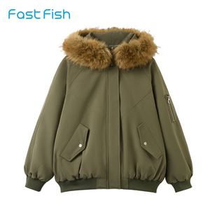 快鱼女士夹克2026新款秋冬款毛领连帽保暖防寒宽松韩系女装外套
