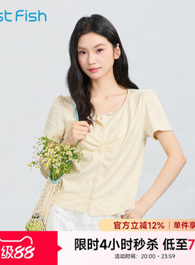 快鱼26年夏季女精致蕾丝T恤拼接领口泡袖袖修身显瘦甜美短袖t恤衫