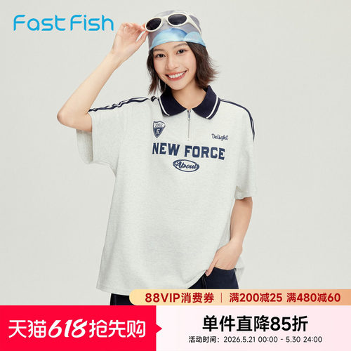 快鱼2026POLO衫女夏新款时尚撞色大版图案休闲上衣运动短袖领T恤