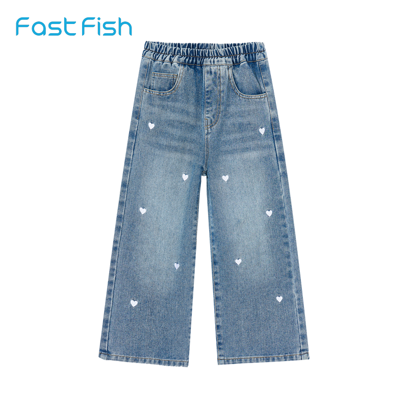 快鱼2025秋新款童装弯刀牛仔裤松紧腰简单百搭水洗牛仔时尚潮流