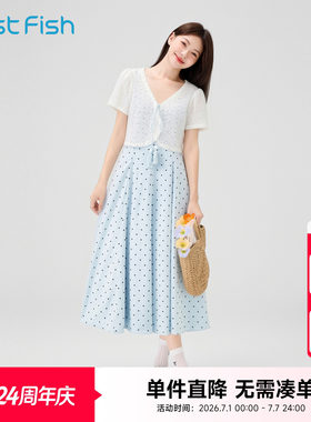 快鱼法式连衣裙波点裙子女款2026新款文艺淑女气质显瘦两件套开衫