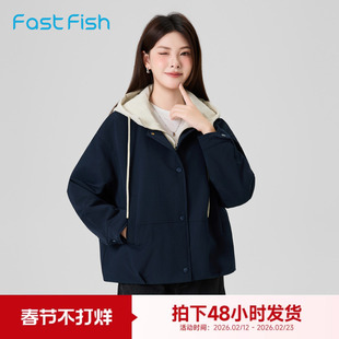 快鱼薄短款棉衣女2025年冬拼接领外套时尚假两件设计棉服连帽上衣