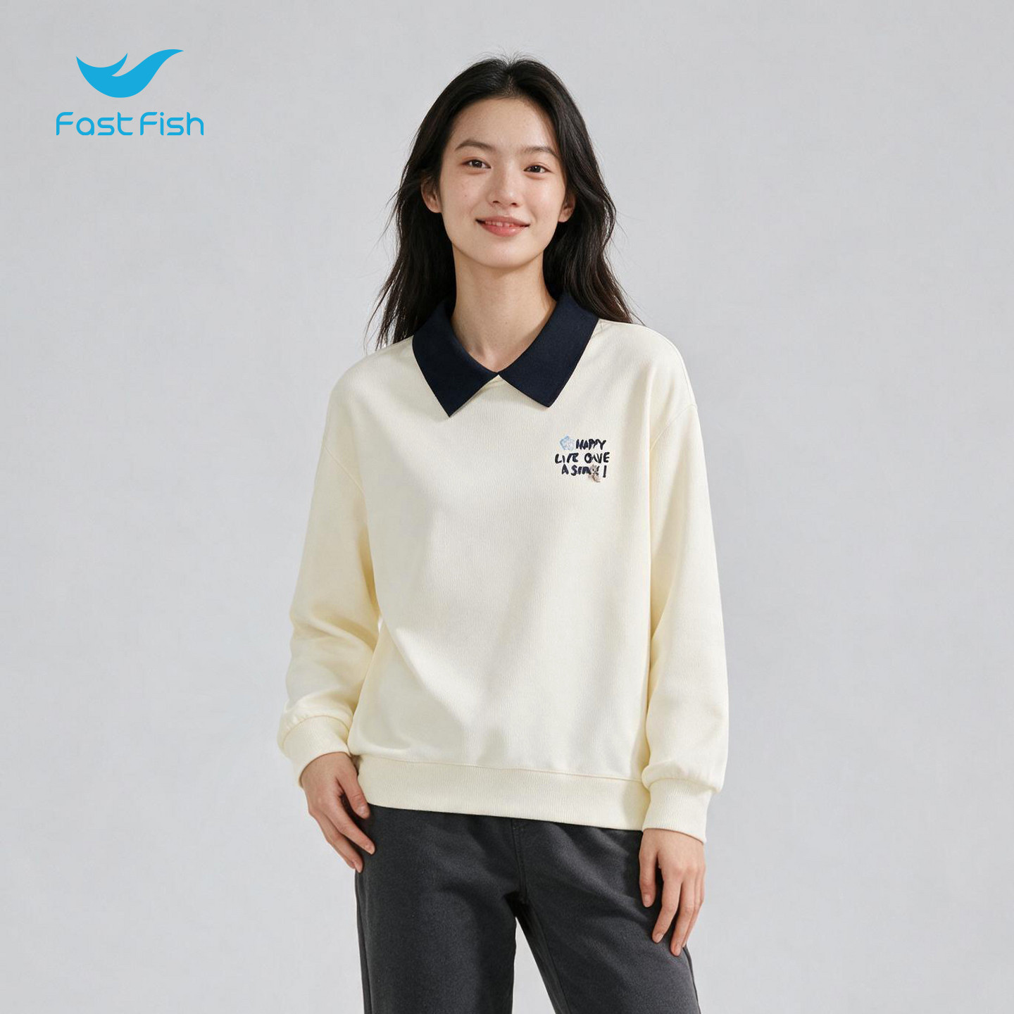 快鱼2026年秋季新款翻领卫衣女时尚刺绣logo宽松polo领百搭上衣
