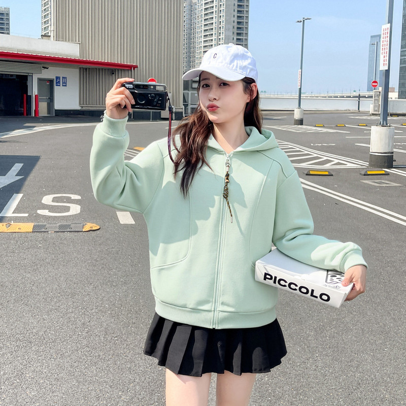 快鱼简约针织外套女2026秋新款休闲百搭纯色连帽开衫卫衣宽松上衣