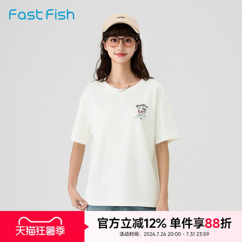 快鱼2026年夏季女士满印多姿态小熊趣味印花宽松柔软舒适棉感T恤