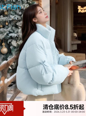 快鱼蝴蝶结蓝色立领羽绒服女款2025年冬季新款短款外套保暖面包服