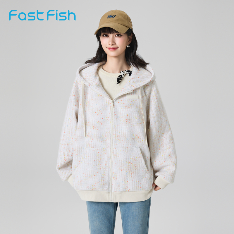 快鱼2025冬季美式碎花连帽卫衣外套外搭拉链开衫上衣针织外套