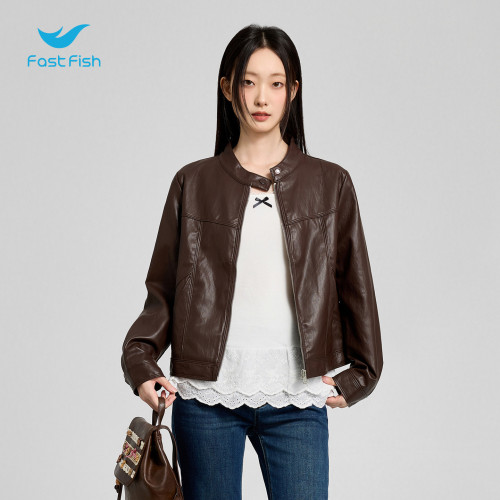 快鱼2026秋季新款小个子机车服上衣美式复古廓形pu皮夹克外套女