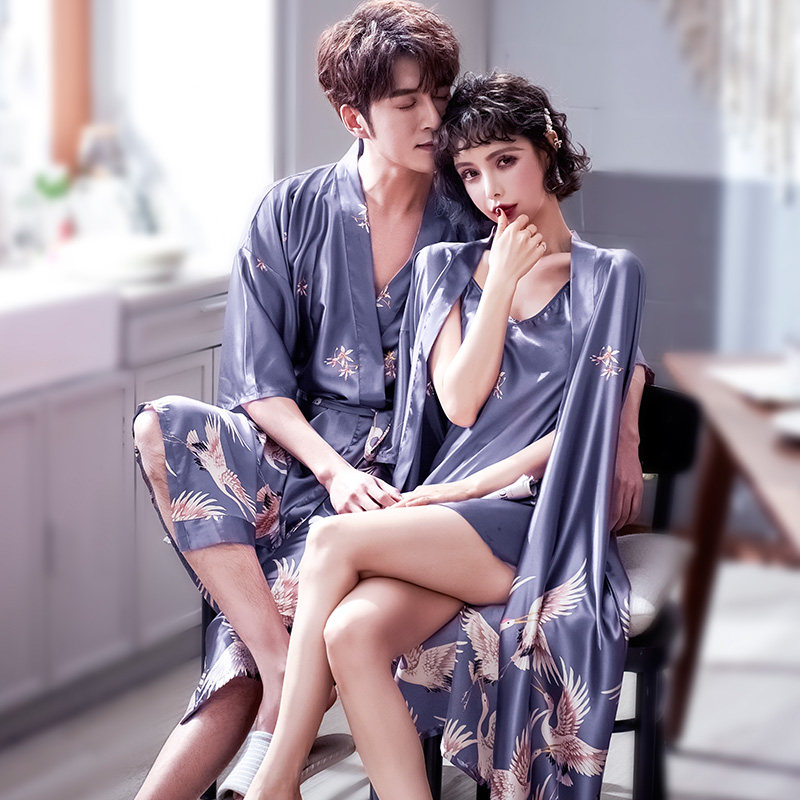 情侣款浴袍女小性感中长款夏天薄款睡袍丝绸冰丝睡衣浴衣家居服男