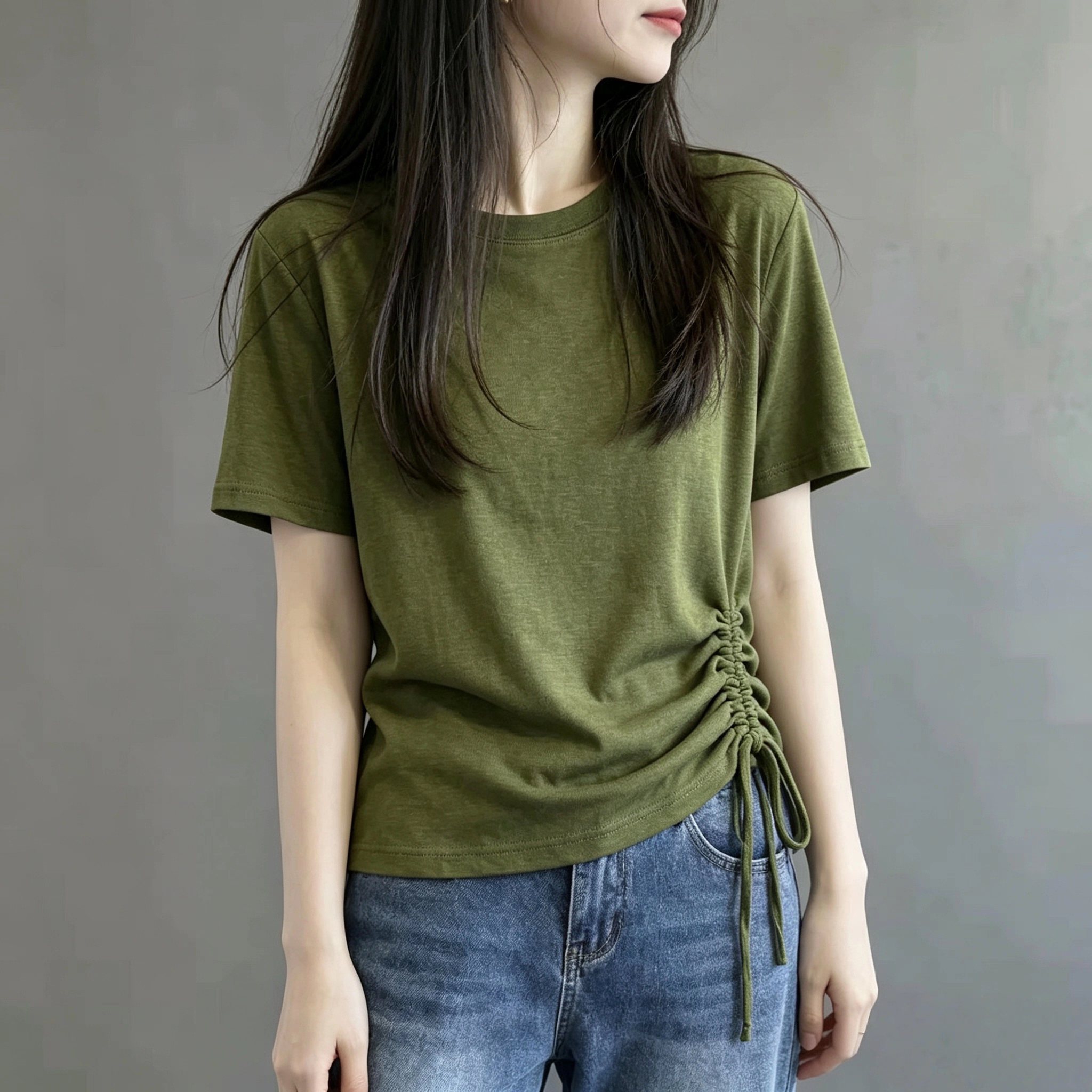 欧货侧边抽绳洋气短袖绿色T恤女T恤