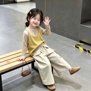 女童秋季洋气时髦针织吊带阔腿裤早秋穿搭套装2026新款女孩三件套