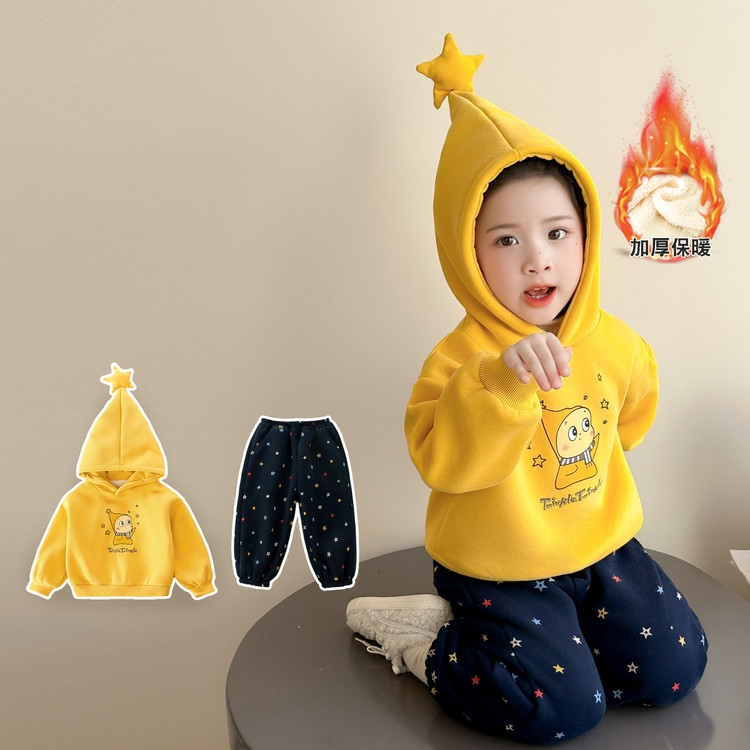 星星人2025冬季新款洋气男女宝宝萌连帽卫衣加绒卫裤套装