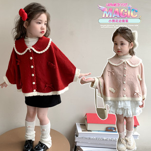 女童春季外套2025新款韩版洋气儿童时髦蝙蝠袖蝴蝶结花边开衫