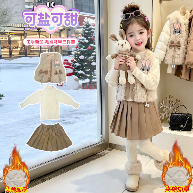 童装女童秋冬毛毛马甲洋气套装裙子宝宝针织毛线衣三件套半身裙子