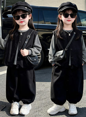 女童马甲套装秋装2026新款儿童春秋女宝宝洋气条纹卫衣休闲三件套