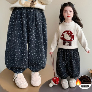 韩版森系ins风碎花灯笼裤女童秋冬束脚加绒阔腿裤宽松复古休闲裤