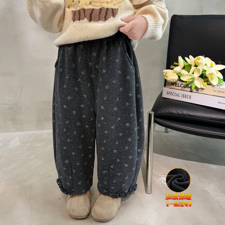 女宝宝加厚绒加碎花休闲裤女童秋冬季女孩软糯磨毛一体绒灯笼裤