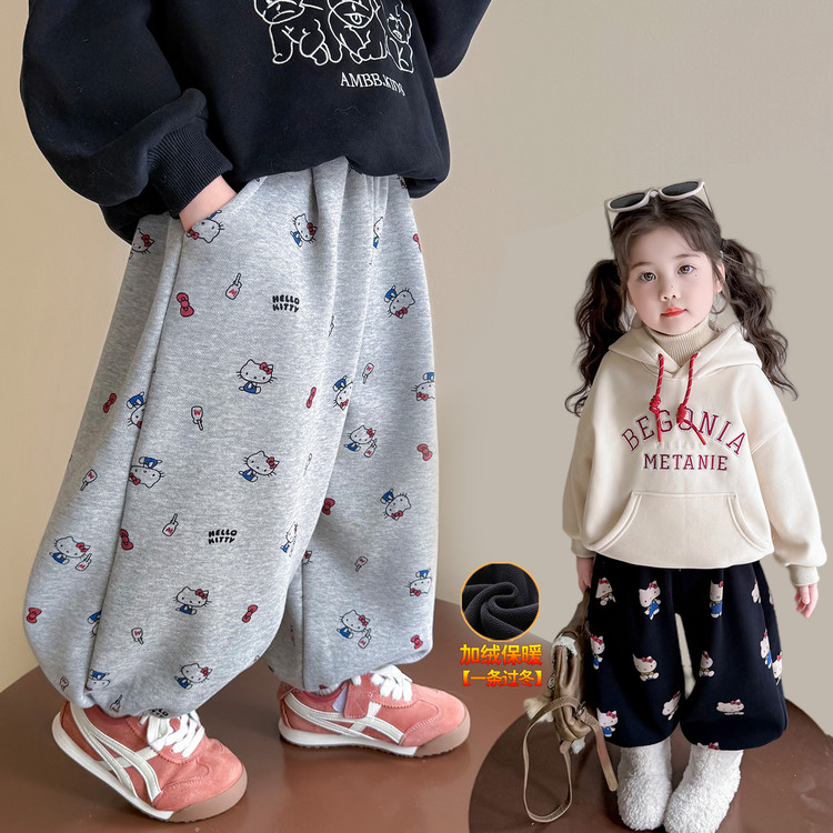 2025新款秋冬儿童猫咪加绒卫裤男女童保暖休闲裤时尚百搭长裤裤子