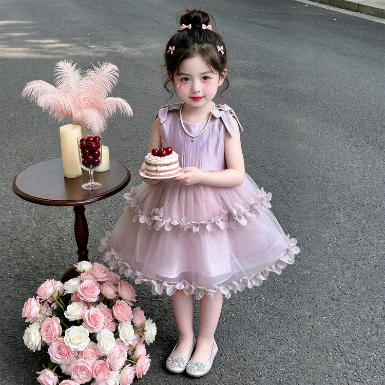女童2026新款温柔紫花瓣网纱公主裙宝宝无袖蝴蝶结装饰生日礼服裙