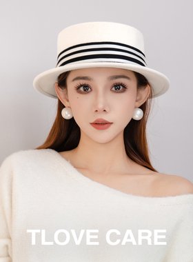 9618时尚百搭平顶帽女士秋冬新款英伦复古度假羊毛毡帽子洋气礼帽