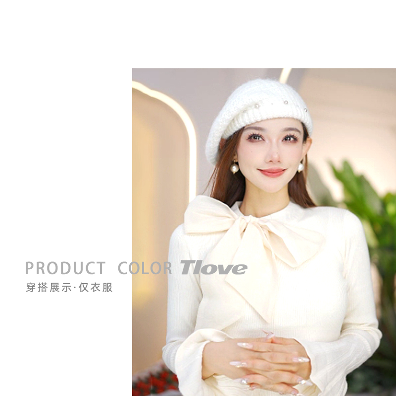 Z737打底衫女秋冬季新款高端显瘦修身短款韩版百搭蝴蝶结领带毛衣