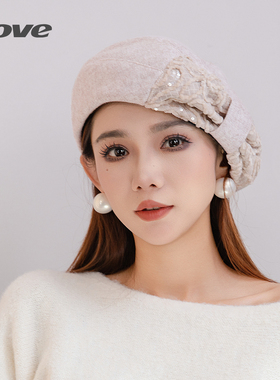 9819优雅贝雷帽女士春秋季出街洋气蝴蝶结帽子时尚韩版舒适蓓蕾帽