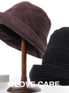 9936日系简约渔夫帽女士秋冬季保暖灯芯绒帽子出街潮流显脸小帽子