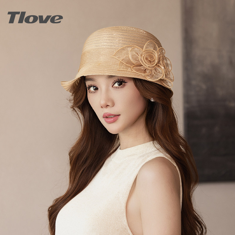 t3091遮阳帽女夏季防晒帽时尚百搭太阳帽花朵春秋欧根纱渔夫帽