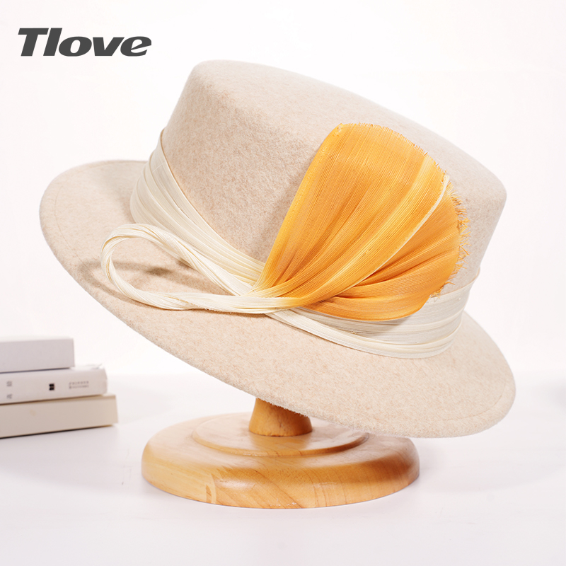 9856英伦复古平顶帽女士秋冬季新款渐变真丝麻平沿帽洋气羊毛礼帽