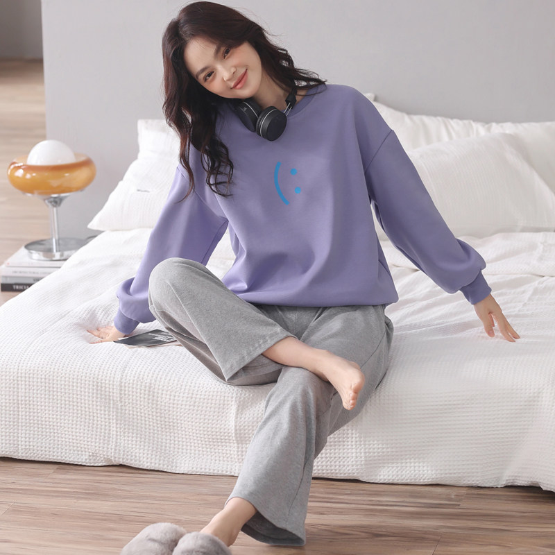睡衣春秋女款纯棉长袖简约套装带胸垫韩版冬季全棉休闲外穿家居服