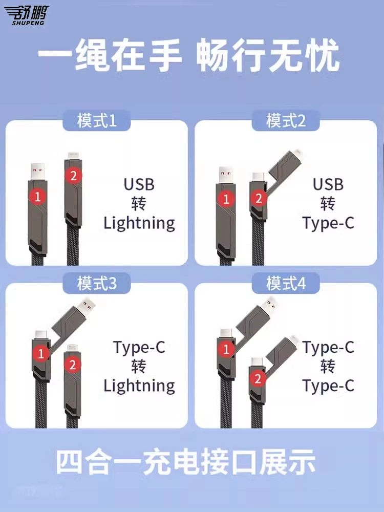 [双头type-c120w适用于华为苹果小米安卓四合一数据线闪充多头充电]