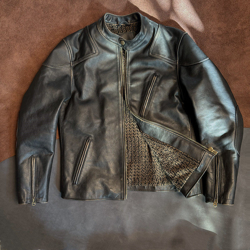 可定制重磅毒液立领机车修身皮进口无涂头层牛皮夹克冬男真皮复古