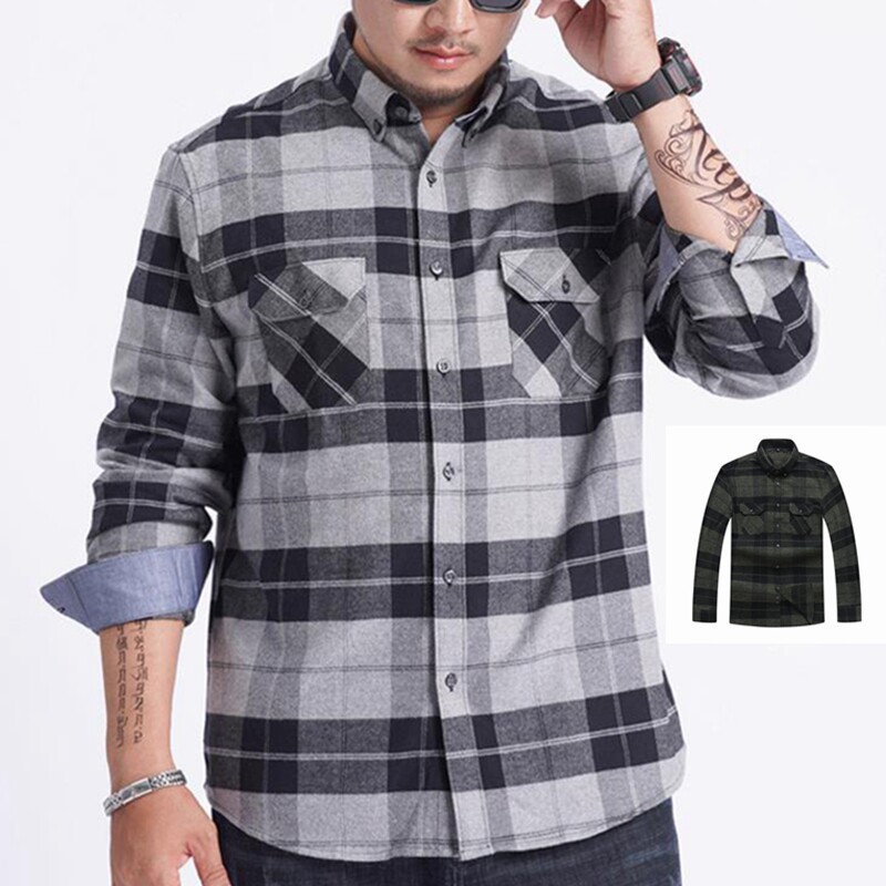 春秋大码男士长袖衬衣胖子宽松纯棉磨毛格加肥加大衬衫胸119-149