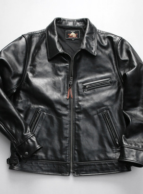 复古日系穆赫兰道头层马皮皮衣男翻领轻蜡染树膏真皮夹克